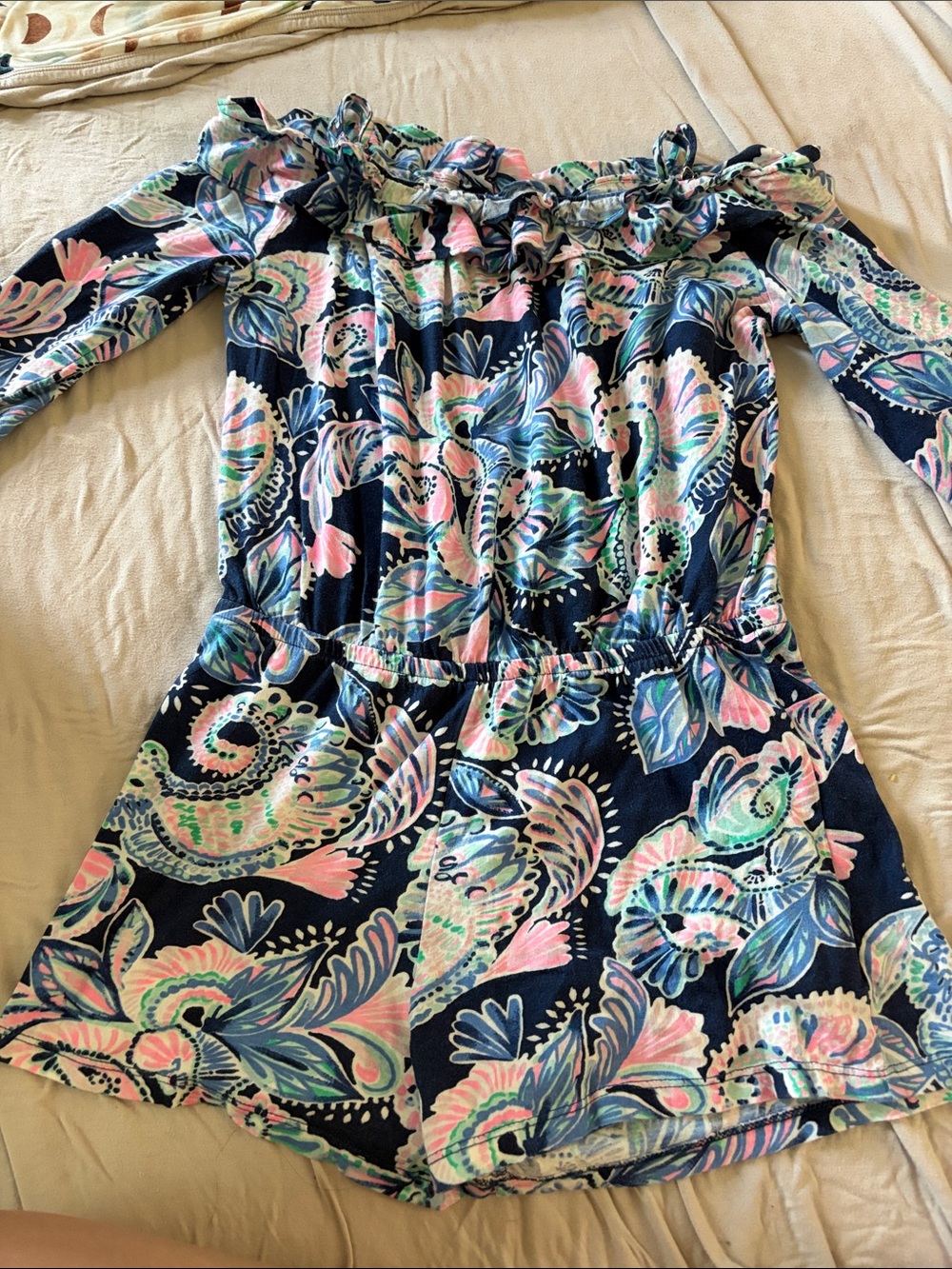 B64 Girls’ XL Lilly Pulitzer Cold Shoulder 3/4 Sleeve Short Romper,Paisley Print